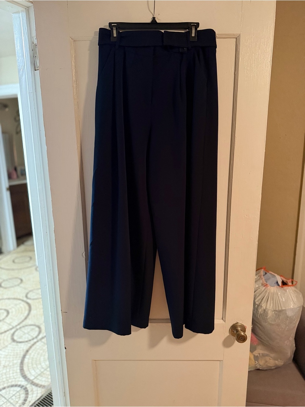 Milly Navy Wide Leg Belted High Rise Pants Size 12 Made in USA